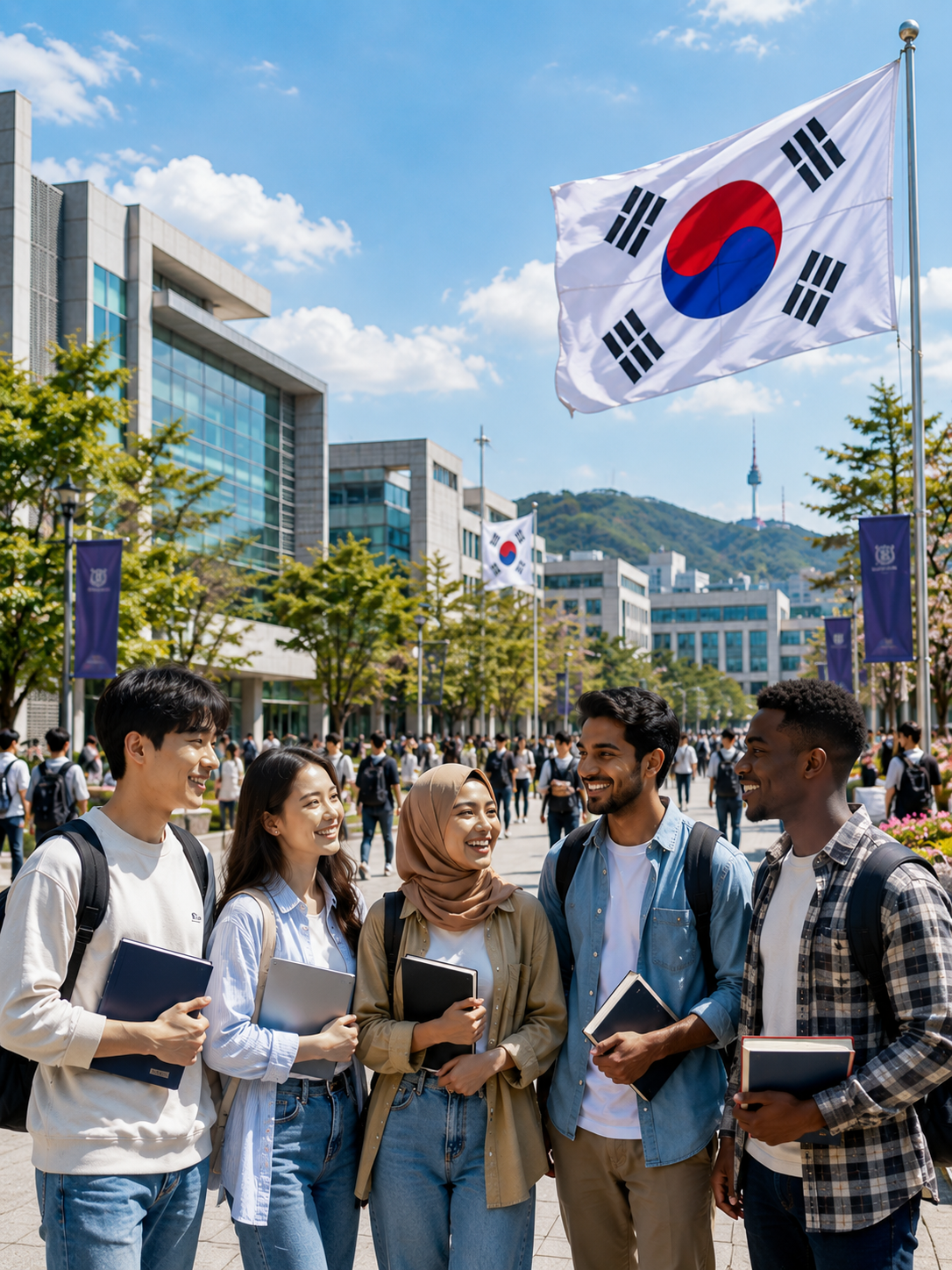 International student studying in a Korean university library